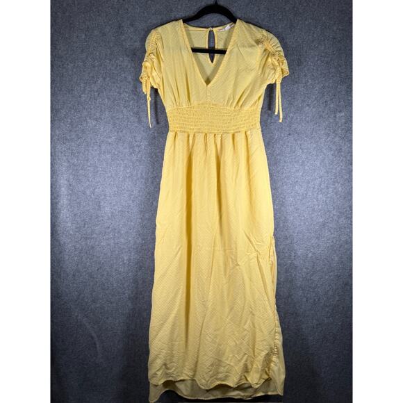 Bar III Dress Women Small Yellow Midi‎ V Neck Embroidered Summer Spring Smocked - Picture 1 of 8